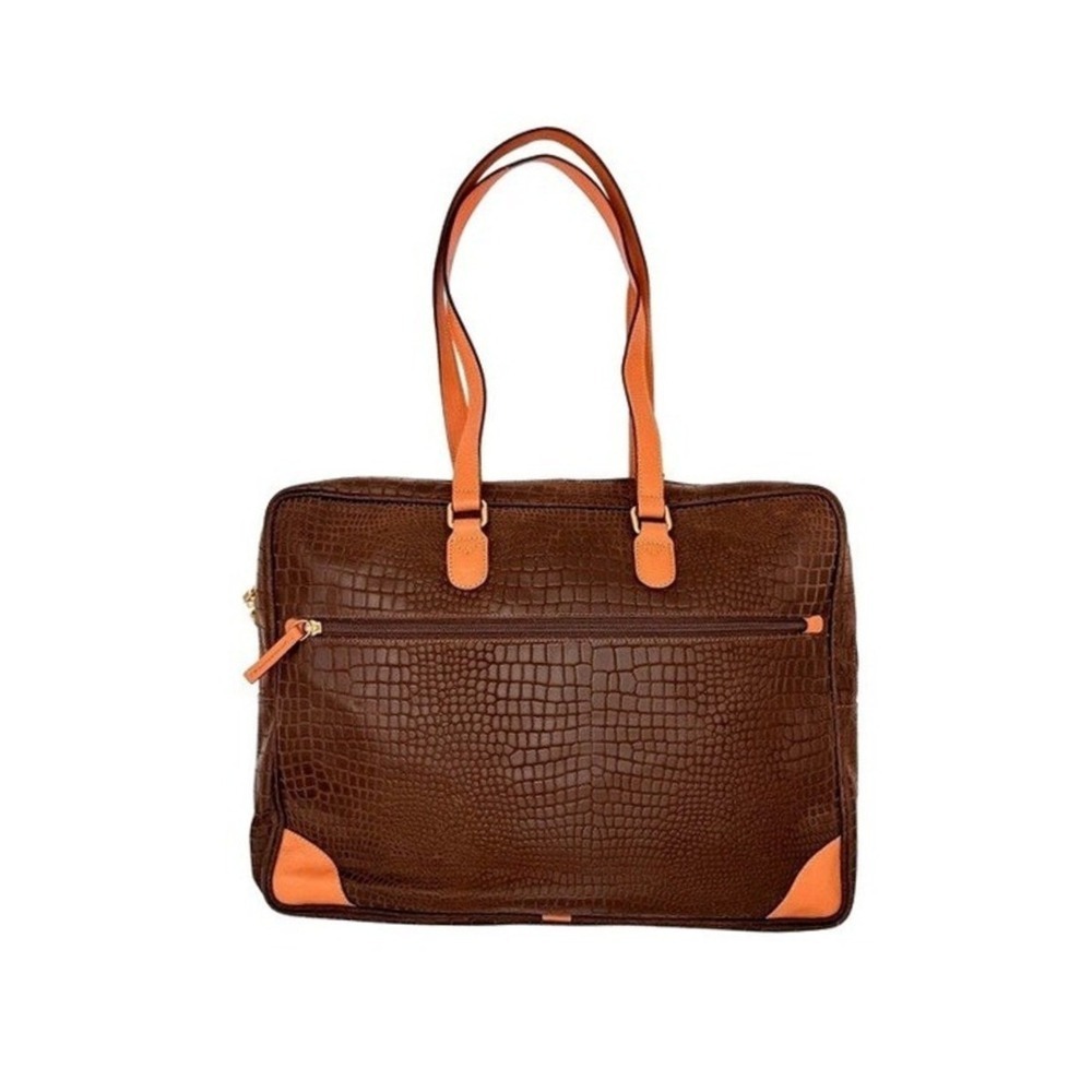 Bric's My Safari Cargo Travel Tote Brown Croc Embossed Leather Trim Italy